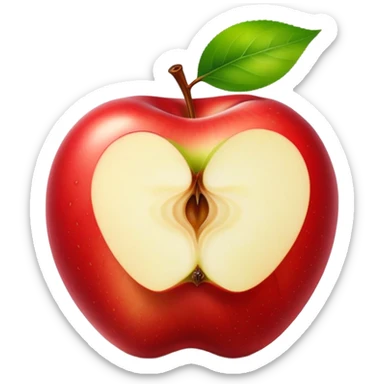 The image shows a bright red, glossy, and plump apple that looks fresh and delicious. A large bite has been taken out of the right side, revealing the juicy, pale yellow flesh inside. At the top of the apple, the stem is still attached along with a fresh green leaf, adding a natural and lively touch. The pure white background makes the vibrant red color and the round shape of the apple stand out even more. sticker