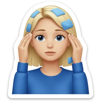 Girl massaging her head with blonde hair with anti-dark circles patches dressed in a blue sweater sticker
