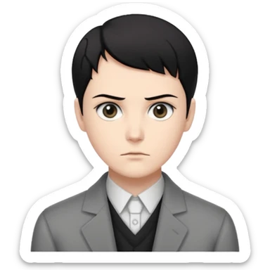 short black neat hair, sharp dull gray eyes, pale skin, serious expression, upright posture, minimal accessories, sharp and precise style. Levi Ackerman  sticker