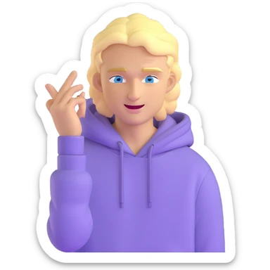 blonde man with blue eyes, lilac hoodie, winking sticker