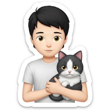 generate a pretty bratz emoji of a boy with black hair wearing a white tshirt and holding a cat sticker