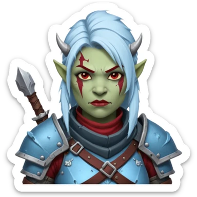 Fantasy Christmas orc legion soldier icon, iron tundra army theme, heavy winter armor, disciplined brutal look, cold steel armor cracked with frozen crimson lines, bloodfrost effect, icy blue and dark red color palette, minimal clean emoji style, female variant sticker