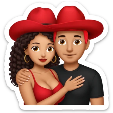 A picture of an embracing tanned couple. the man is a Mexican man with tanned skin, with a bald hair cut wearing a red hat and wearing a black shirt. the woman is mixed, with glasses,  with long curly dark brown hair and with big boobs. Remove the glasses from the guy sticker