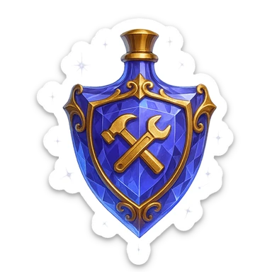 luxurious crystal elixir bottle in shield shape, color #7986cb, with 🛠 symbol on the bottle, lots of shining, edges, ornaments, golden details, magical effects, very small golden neck, transparent background, beautiful, seamlessly merging bottom, bottle clearly floating in air, no base or shadow, modern, fits a collection sticker