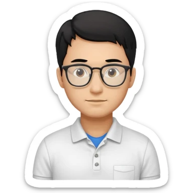 engineer wearing white polo, black hair sticker