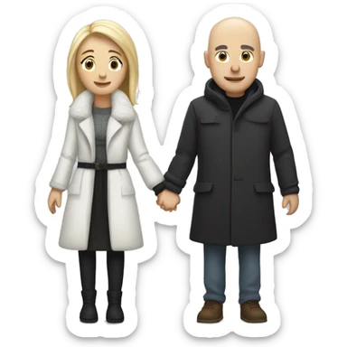 White bald man with black eyebrows holding hands with long blond woman in winter clothes sticker