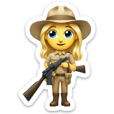 Blonde blu eyed emoji with mustache in safari outfit and rifle sticker