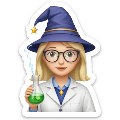 woman scientist with glasses, wearing wizard hat custome, with glass vase sticker