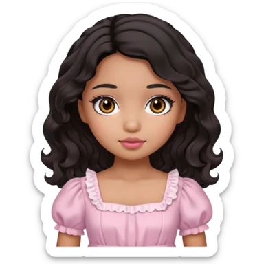 Tan skin girl, brown Asian eyes, black soft wevy hair, doll  beabadoobe makeup, baby pink Victoria dress  sticker