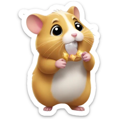 A hamster holding confetti and and acting like hurry! sticker