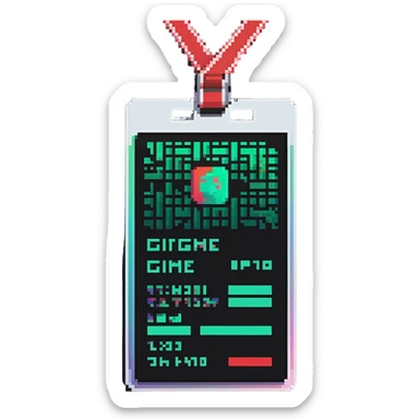 Member ID card with green to red gradient holographic effect and pixel art design sticker