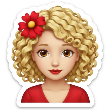["Fair skin female, curly blonde hair, red floral hair clip."] sticker