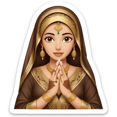 An Arab woman,showcasing her beautifully adorned hands with intricate henna designs  and long, elegant nails. She wears multiple gold rings that complement her shimmering golden Arabic traditional abaya sticker