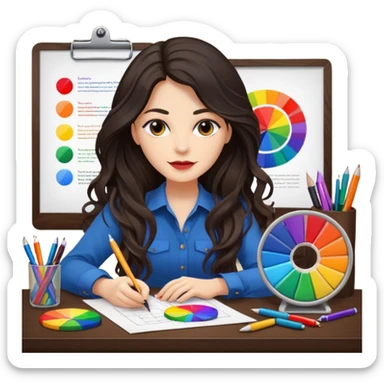 female dark wavy long hair graphic designer , color wheel, pens, papers , desktop sticker