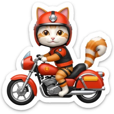 Cat on red and black motorcycle with helmet sticker