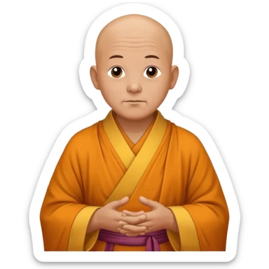 A old bald monk wearing traditional robes, calm expression, hands clasped, in a serene setting sticker