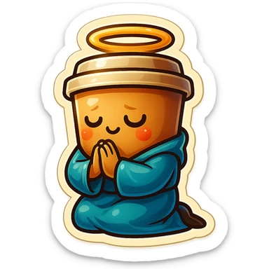 Tall coffee cup, bowing on knees, praying, worship, wearing soft blue monk robes, halo sticker