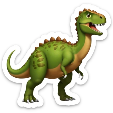 A large, herbivorous dinosaur with a sturdy, muscular build and a beaked mouth. Its skin is green and brown. It has a distinctive thumb spike on each hand, strong hind legs for walking, and a long, balanced tail sticker