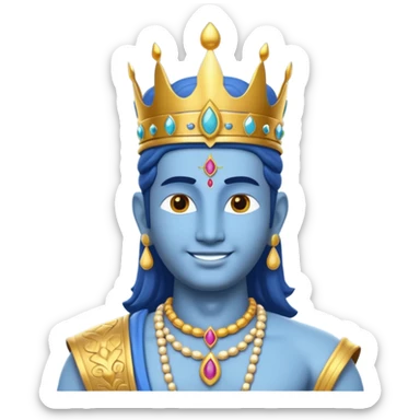 Hindu god Vishnu portrait, head and shoulders only, blue skin, golden crown, sacred jewelry, peaceful smile, divine aura, 3D cartoon, mobile game icon style, clean background, no text, no watermark
 sticker