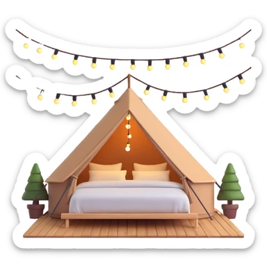 glamping luxury tent with string lights and comfortable bed sticker