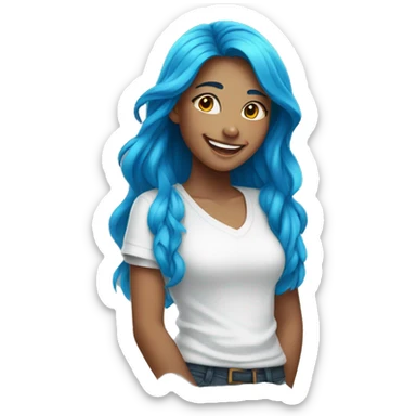 A girl with long blue hair and a white shirt smiles sticker
