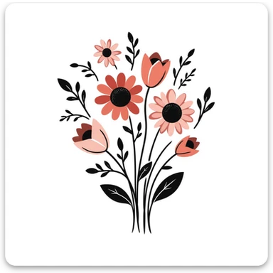 a bouquet with a variety of different flower types including roses, tulips, daisies, sunflowers, and lilies with stems and leaves in pastel colors dd9fb0, ffc6d3, a3bfc9, c4bee2, f1b091, detailed hand-drawn doodle style sticker