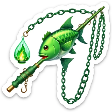 green magical glowing fishing rod with chains and poison ivy vines on it, with a green flame on the tip. It is fishing a green fish sticker