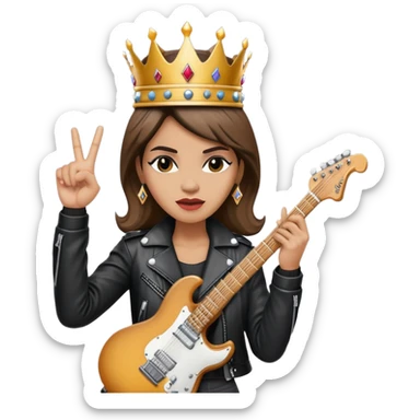 A rock and roll queen with a crown, electric guitar, and leather jacket making a rock gesture sticker