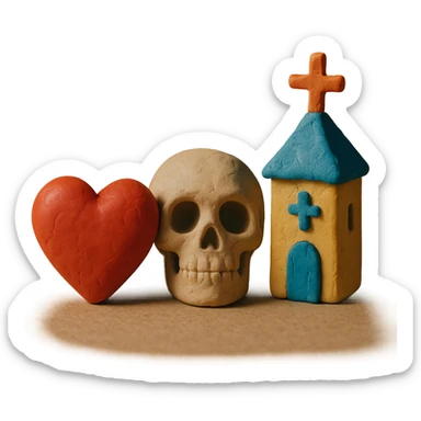 claymation style heart, skull, and church together, no background sticker