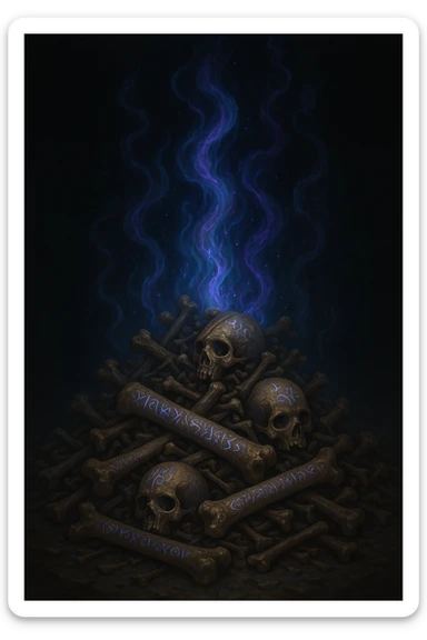 a pile of bones carved with magic runes, mystical energy rising from the pile, fantasy illustration sticker