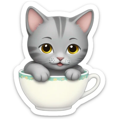 grey kitten drinking tea sticker