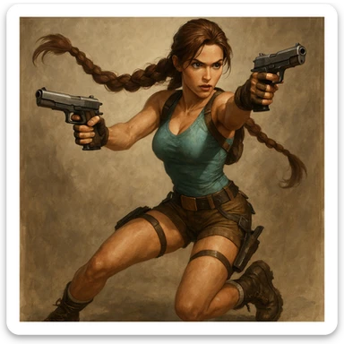 Lara Croft, iconic adventurer, in action pose, with twin pistols and a braid, inspired by Tomb Raider, detailed, dynamic, no text sticker