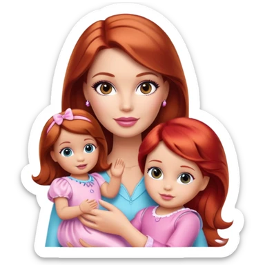 Barbie girl with makeup with brown hair with baby daughter girl with red hair by the hand sticker