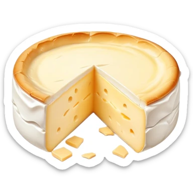 cinematic-realistic-brie-cheese-emoji,-featuring-a-creamy gooey center,-soft-ripened-cheese-with-a-delicate-rind-rendered-with-lifelike-detail-and-inviting,-natural-lighting. sticker