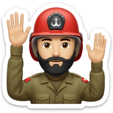 surrenders, depicts an Iraqi soldier from 1980, with a beard, in a helmet, a helmet WITHOUT insignia, with a balaclava, with sad eyes and both hands raised up sticker