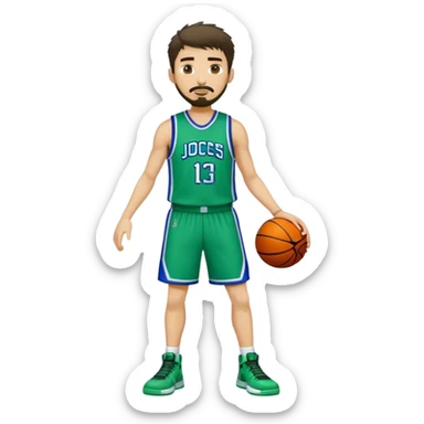 Full Body white male basketball player with short dark shaggy hair and goatee wearing blue and green uniform sticker