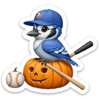 bluejay wearing MLB bluejay baseball hat holding a baseball  bat sitting on a Halloween pumpkin  sticker