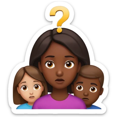 a young girl with dark skin in the middle of two men, looking indecisive, with a question mark over her head sticker