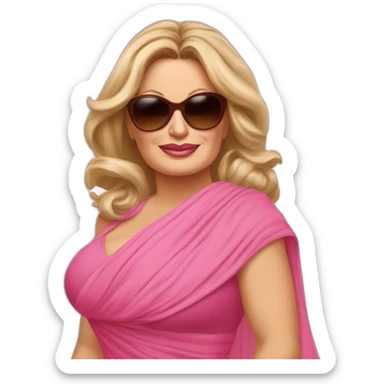 Jennifer Coolidge from tv show White Lotus. She is wearing large brown round vintage sunglasses. She has a pink chiffon scarf wrapped around her head and pink dress sticker