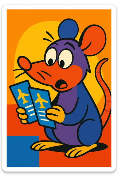a cartoon style rat searching for airplane tickets sticker