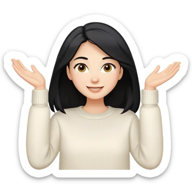 A woman with longer black hair, light to medium skin tone, full cheeks, and almond-shaped eyes, wearing a simple white sweater, joyful and radiant expression, cheerful. sticker