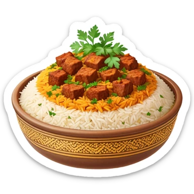 Cinematic Realistic Biryani Dish Emoji, depicted as aromatic basmati rice layered with spiced meat and herbs rendered with vibrant textures and warm, inviting lighting. sticker