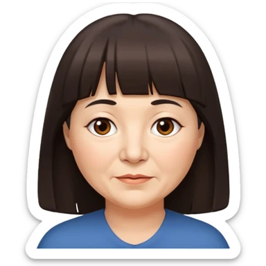 60 yr old woman, very small brown eyes, long hair, straight dark brown hair, bangs, chubby, long face sticker