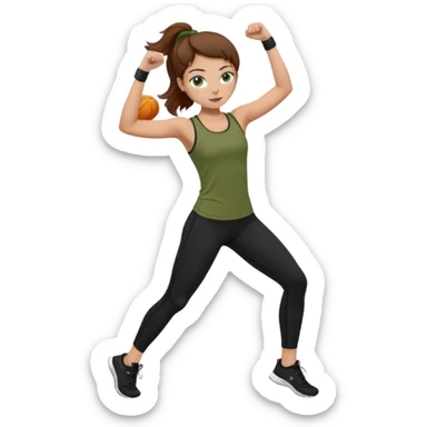 Girl with green eyes, brown hair, light skin, and freckles wearing an olive green top with black leggings working out sticker