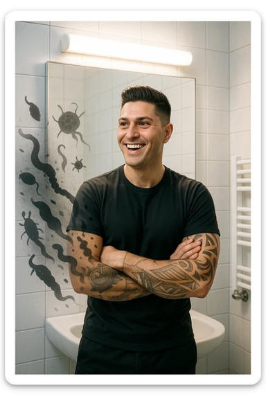 a man stands in a brightly lit bathroom, looking relieved and revitalized as he examines his reflection in the mirror. In the foreground, stylized, shadowy images of parasites (such as worms or protozoa) are shown leaving his body, dissolving into mist or fading away. His posture is upright and his expression is one of newfound energy and health. sticker