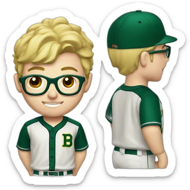 baseball card character. Blonde male. Short hair with glasses. Dark green uniform with har sticker