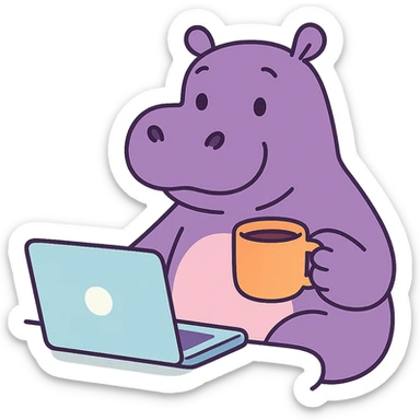A cartoon hippo sitting at a laptop, drinking coffee, pastel colors, soft and cute style sticker