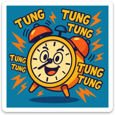 playful cartoon-style alarm clock ringing with comic sound effects 'tung tung tung' representing sahur time, vibrant and energetic sticker
