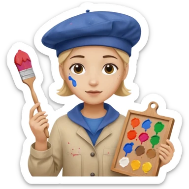 emoji of a professional painter, holding a canvas, wearing a smock and beret, artistic vibe sticker