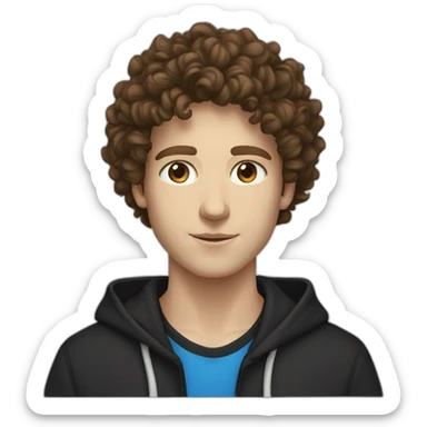 white young guy brown curly hair split blue eyes black hoodie sticker